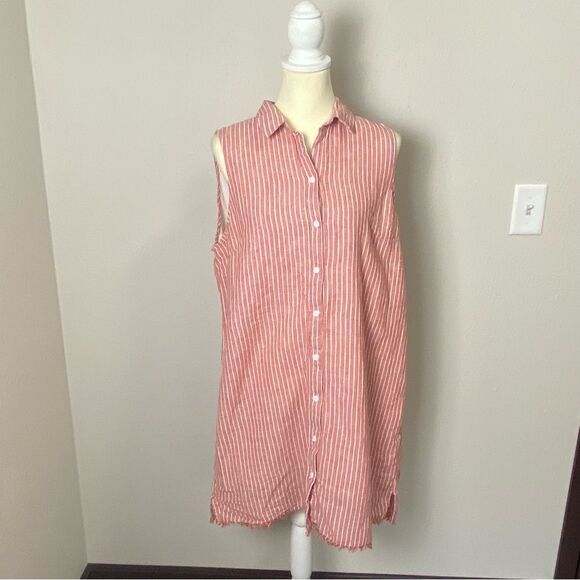 BeachLunchLounge Linen Blend Red & White Striped Button Up Shirt Dress Womens XL - Picture 10 of 16
